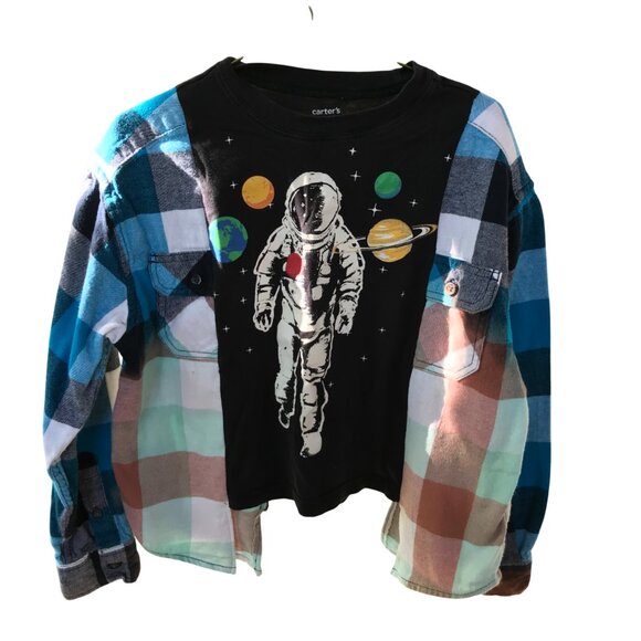 Upcycled Oversized Astronaut Graphic T-Shirt Child’s Size 4-8: Reworked Flannel - Picture 5 of 10
